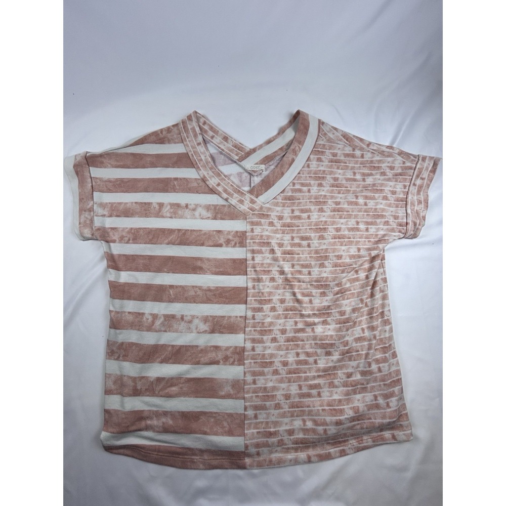 Oddi Women's Large Short Sleeve Top Terra-Cotta /White‎ Striped Double Patterns
